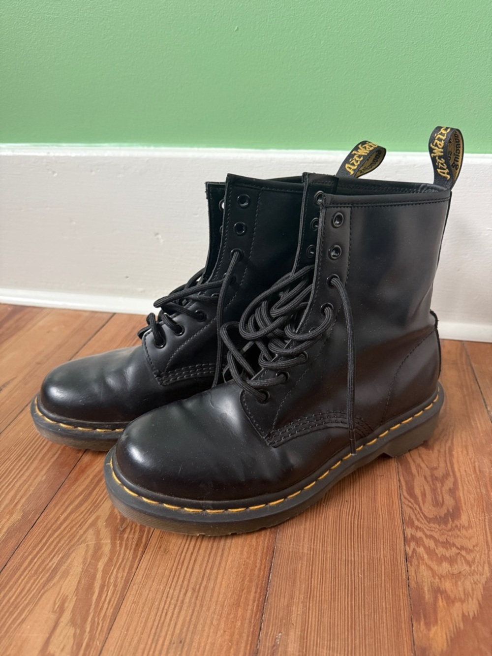 Dr. Martens Black Leather 1460 8-Eye Lace-Up Boots with Yellow Stitching